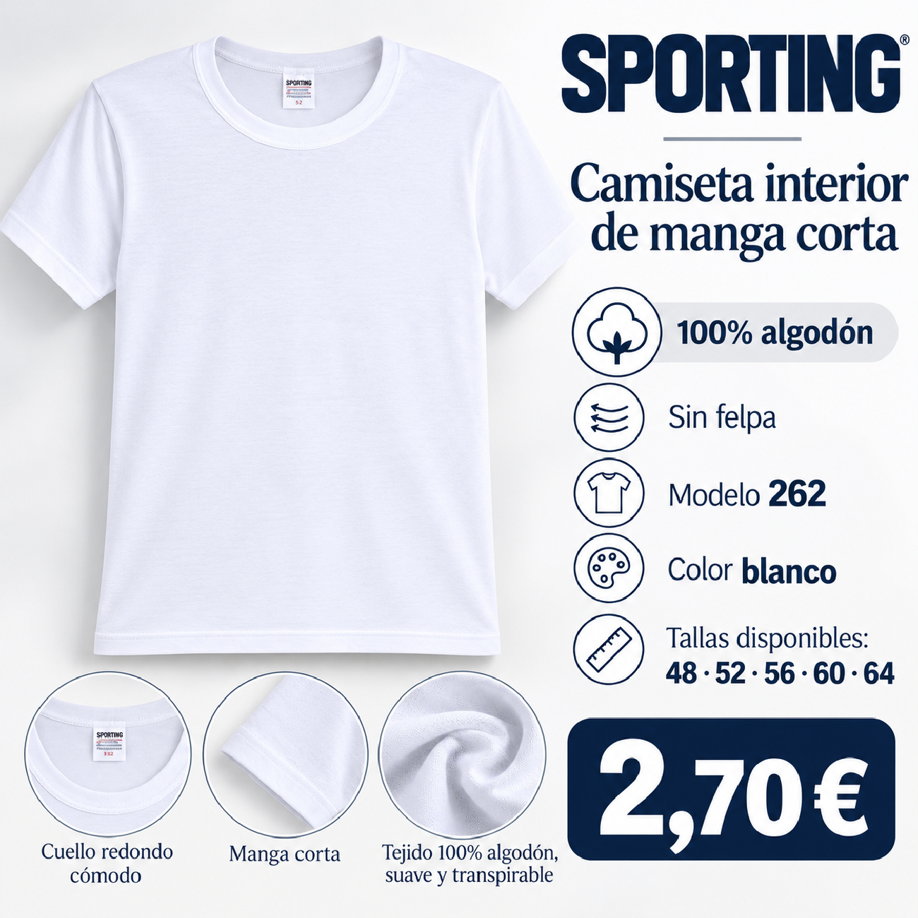 Camiseta interior Sporting de manga corta 100% algodón – Modelo 262 cuello redondo