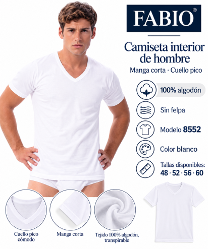 CAMISETA CUELLO PICO MANGA CORTA ALGODÓN cuello pico sin felpa