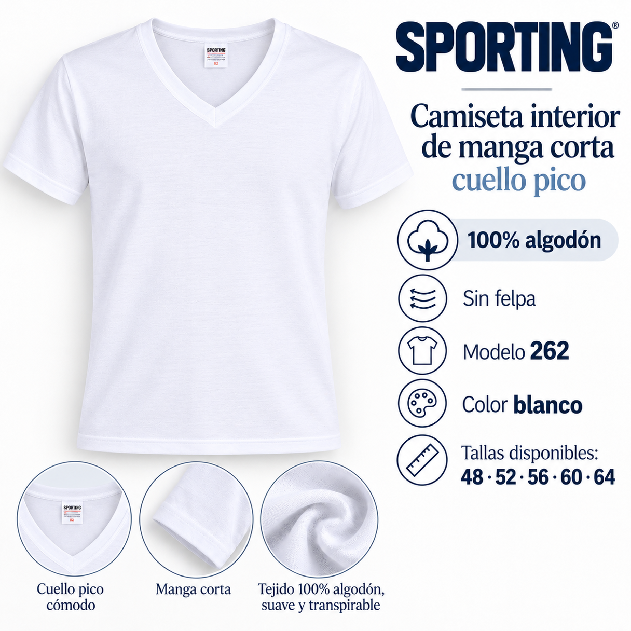 Camiseta interior de hombre Sporting de manga corta y cuello pico – Modelo 262