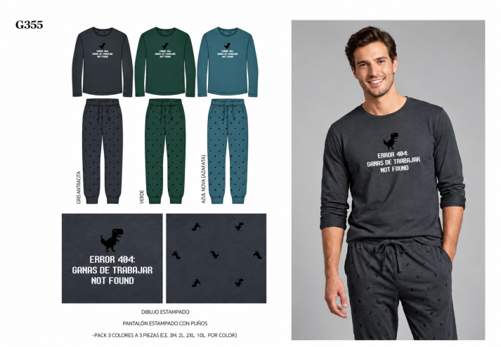 Pijama de Hombre de Algodón Afelpado G355 – Estampado Dinosaurios