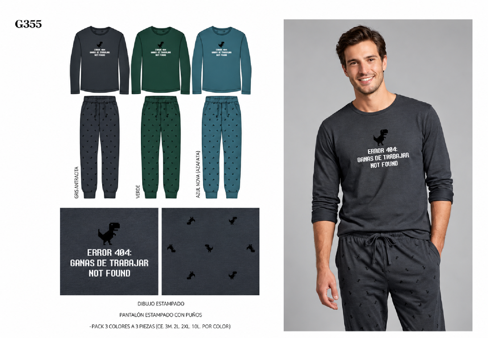 Pijama de Hombre de Algodón Afelpado G355 – Estampado Dinosaurios