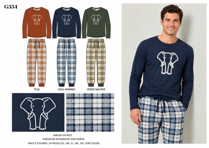 Pijama de Hombre G354 de Algodón Afelpado con Estampado de Elefante