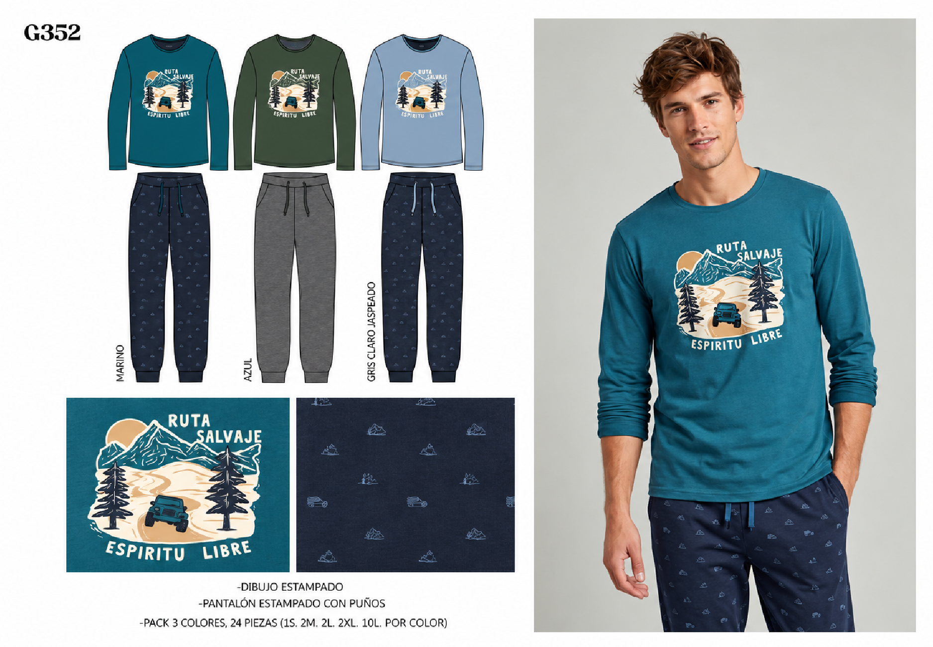 Pijama de Hombre G352 de Algodón Afelpado – Estampado Ruta Salvaje